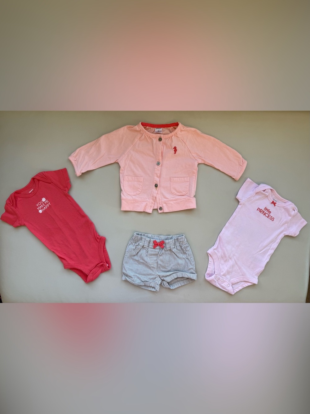Carter's Pink Cardigan, Bodysuits & Striped Shorts Set